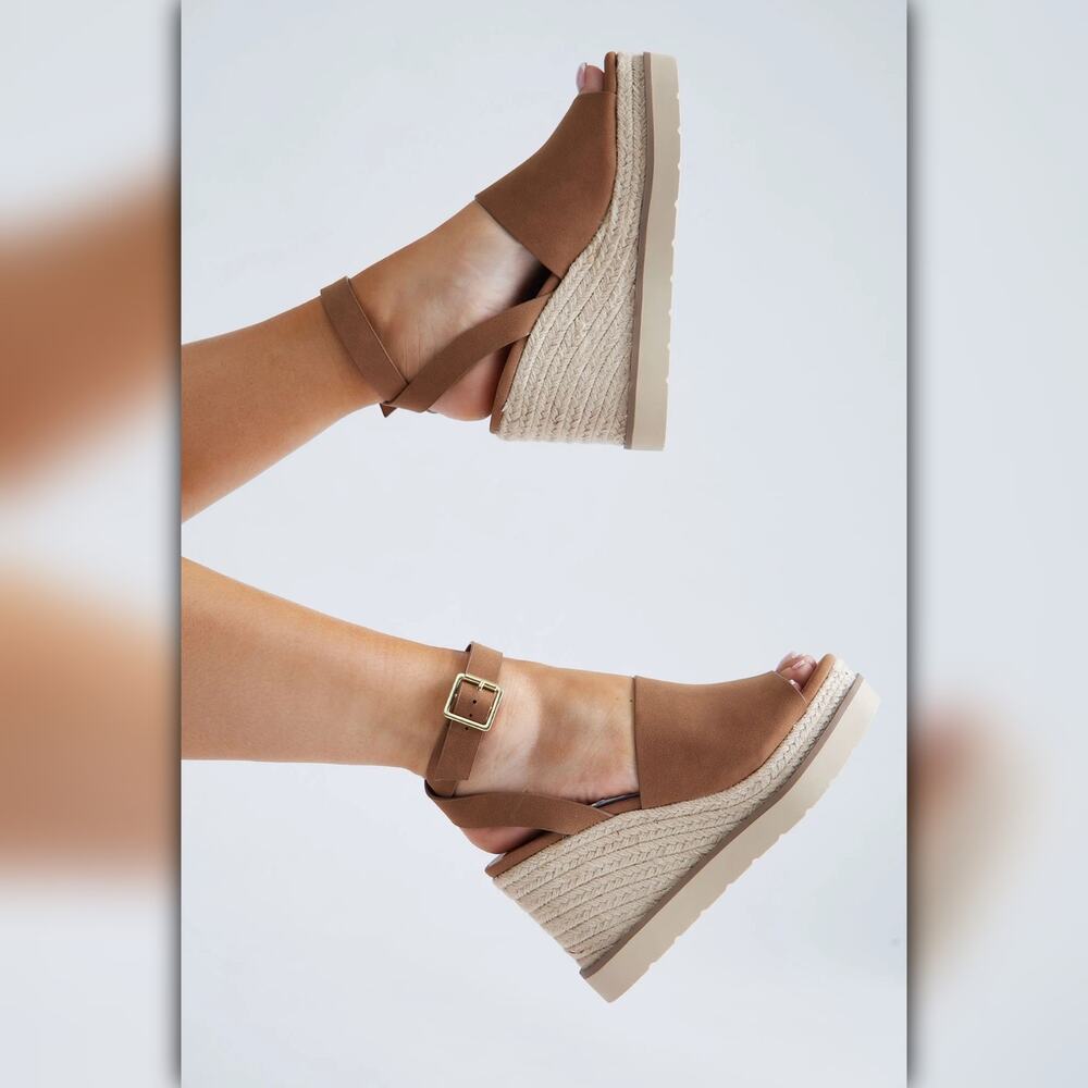 A042-B • Dark Tan Espadrille Platform Wedge Sandals - Picture 2 of 5